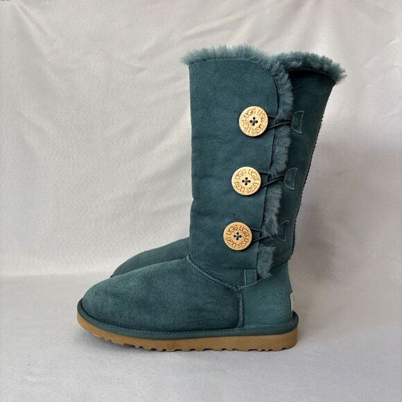 Womens UGG Boots Bailey Button Tall Triplet Teal Suede Boho Festival Rare Color6 - Picture 4 of 16